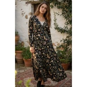 Fredericks of Hollywood 90s Y2K Vintage Black Floral Maxi Dress Size 7/8